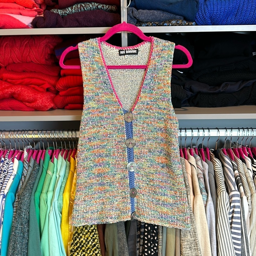 Vintage Ani Barrie blue/pink/green/yellow knitted sweater vest size S